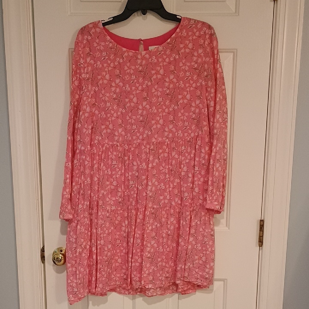 Vineyard Vines Coral Pink Floral Tiered Long-Sleeve Dress
